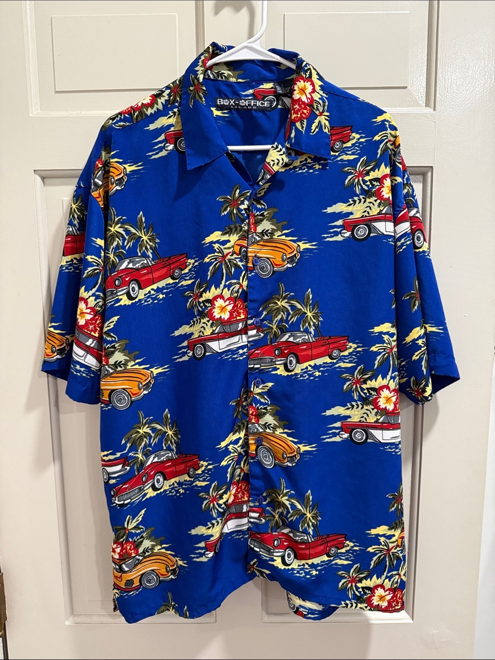 Box Office Island Classic Cars Blue Hawaiian Shirt Size Large